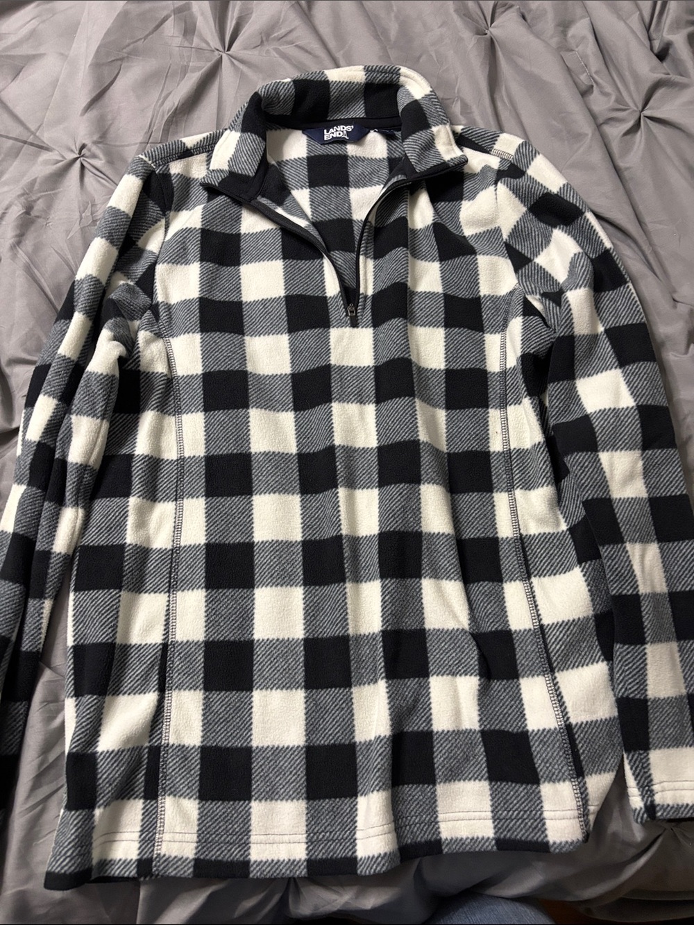 Lands' End Men's Black and White Buffalo-Check Quarter Zip Pullover